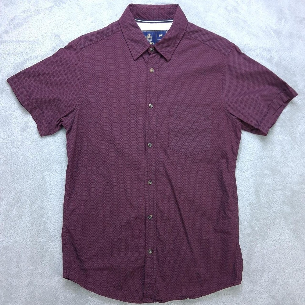 Rugby University Mens Short Sleeve Button Up Shirt Burgundy Geometric Small